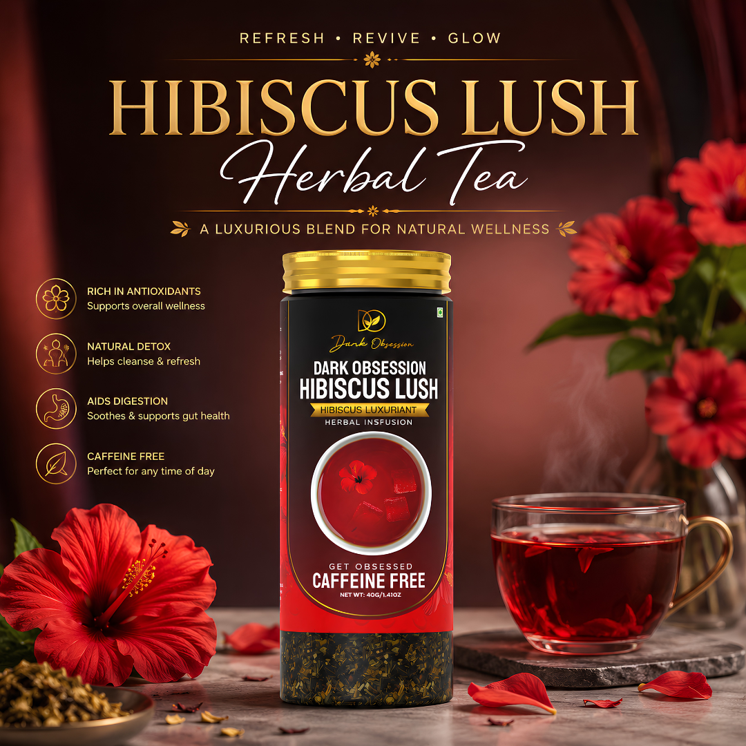 Dark Obsession Hibiscus Lush Herbal Tea with Hibiscus, Orange Peel, Fennel Seed, Licorice, and Lemongrass by premium tea suppliers in India
